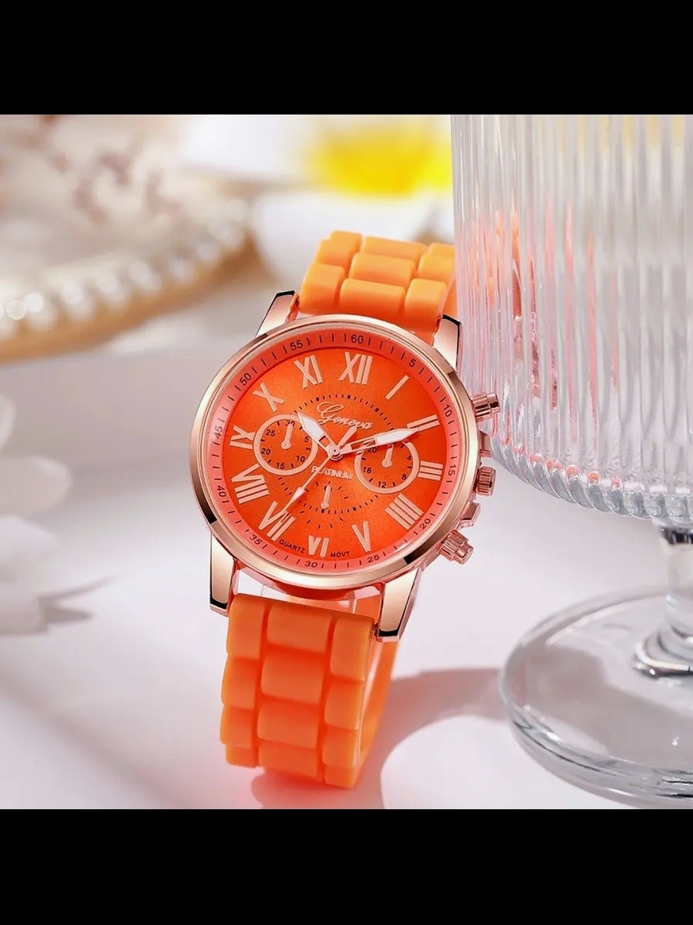 NWOT Geneva Orange Silicone Strap Watch with Rose Gold Case